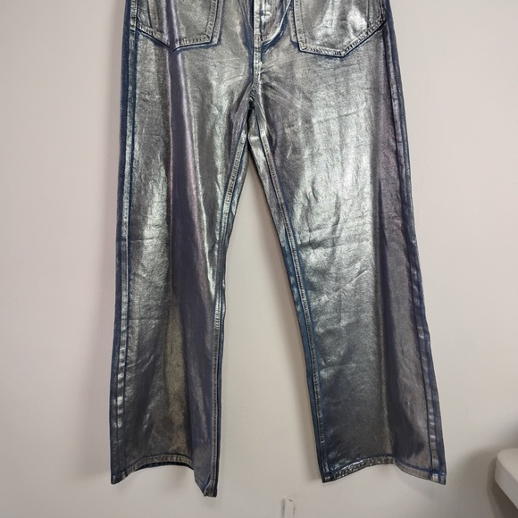 SHEIN Women's Jeans Size 30 Metallic Silver High Waisted Wide Leg Patch Pockets - Picture 6 of 9